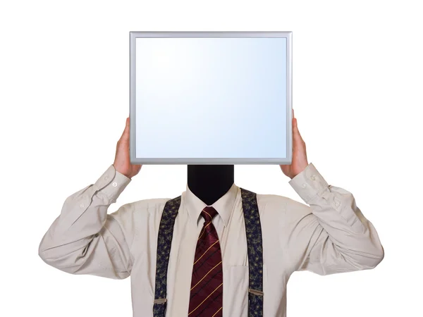 Homem de negócios com tela de computador para cabeça — Fotografia de Stock