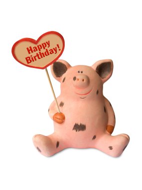 Funny pig with heart Happy birthday clipart