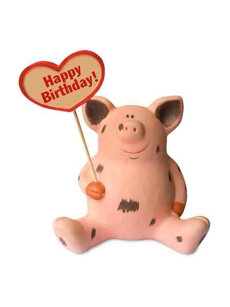 Funny pig with heart Happy birthday — Stock Photo, Image