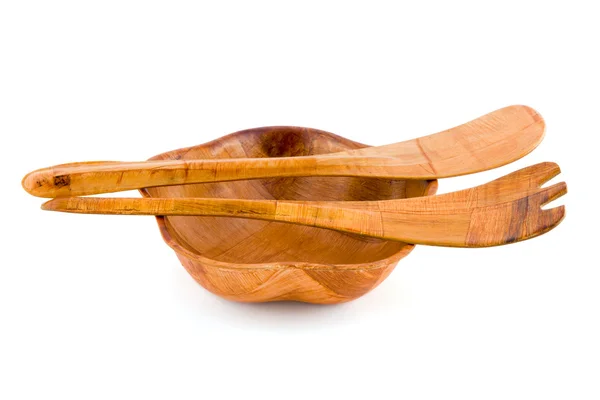 Tigela de madeira, colher e garfo — Fotografia de Stock