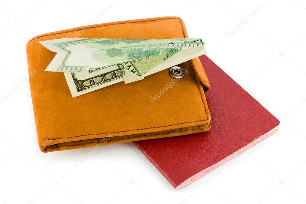 Passport, wallet and money airplane - travel concept