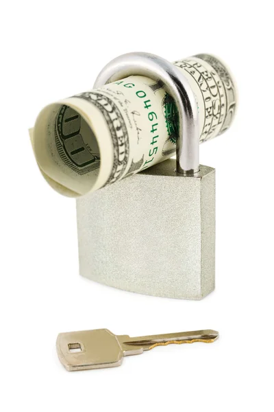 Dinheiro, fechadura e chave — Fotografia de Stock