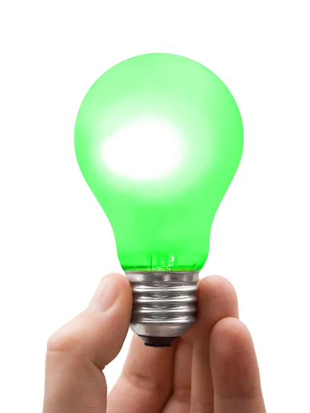 Groene lamp in de hand — Stockfoto