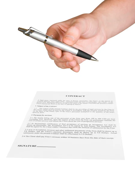 Hand giving pen and contract — Stock Photo, Image