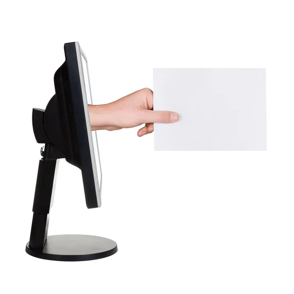 Tela do computador e mão com cartão — Fotografia de Stock
