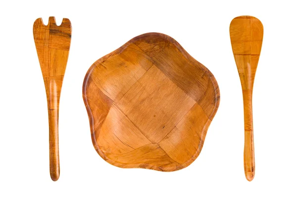 Assiette, cuillère et fourchette en bois — Photo