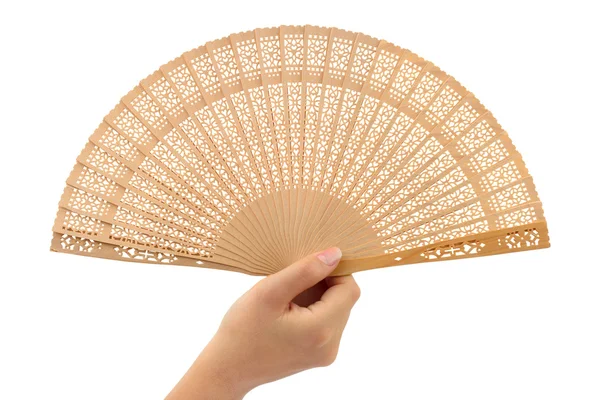 Wood fan in woman hand — Stock Photo, Image