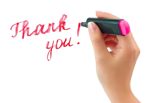 Mão com marcador escrevendo Obrigado — Fotografia de Stock