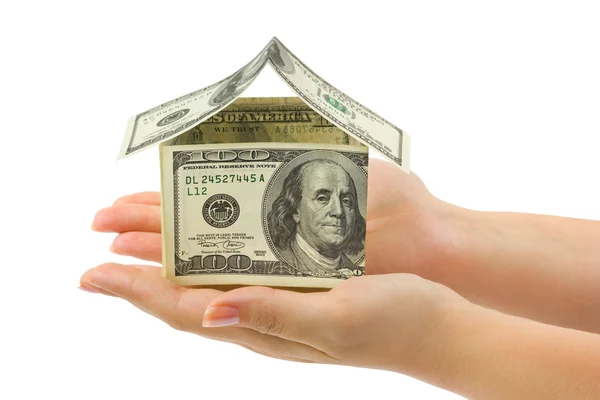 Dinero casa en las manos — Foto de Stock