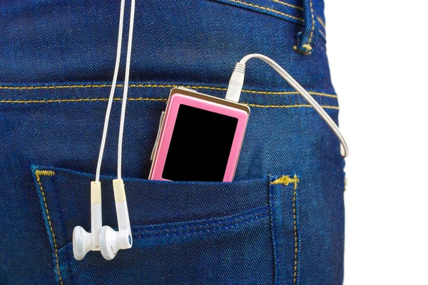 MP3 плеєр в джинсовій кишені — стокове фото