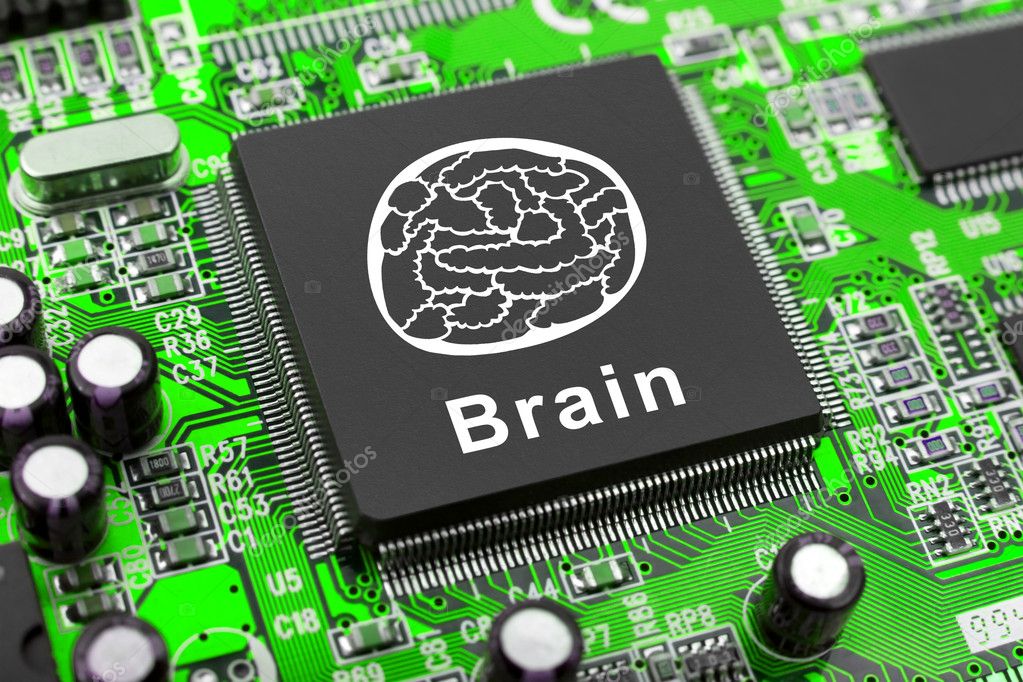 Brain symbol on computer chip, technology concept