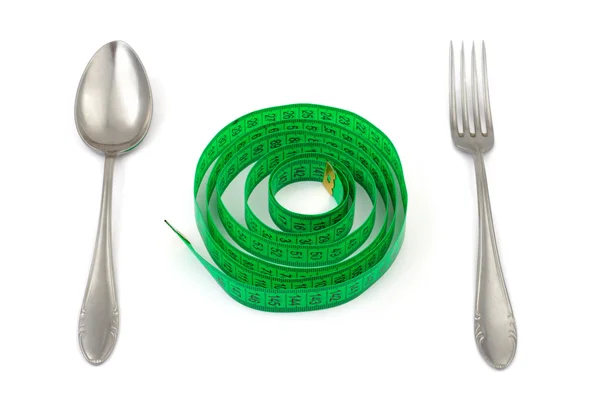 Fork, spoon and measuring tape — Stock Photo, Image