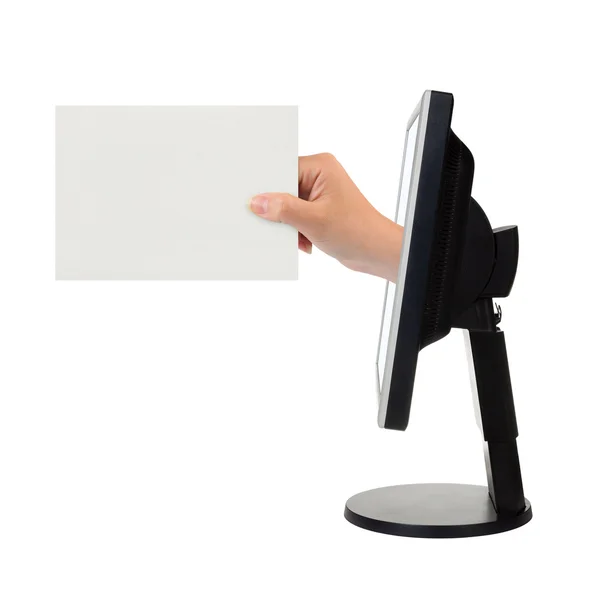 Computer screen and hand with card — Stock Photo, Image