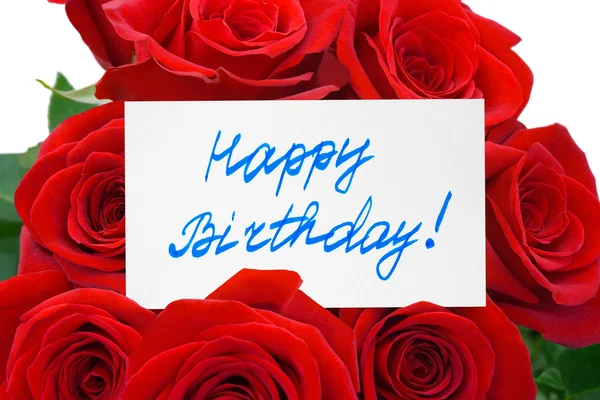 Rosas e cartão Feliz aniversário — Fotografia de Stock