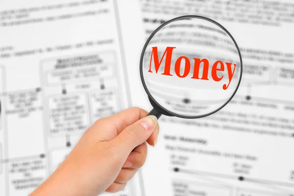 Magnifying glass in hand and word Money — Stock Photo, Image