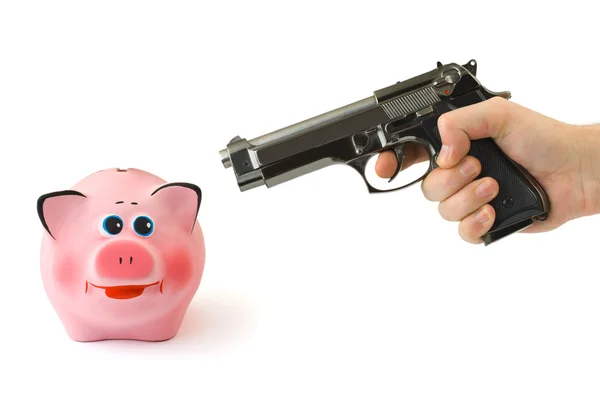Piggy bank és a kéz a fegyver — Stock Fotó