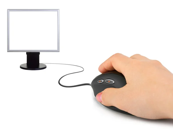 Χέρι με το ποντίκι του υπολογιστή και την παρακολούθηση — Φωτογραφία Αρχείου