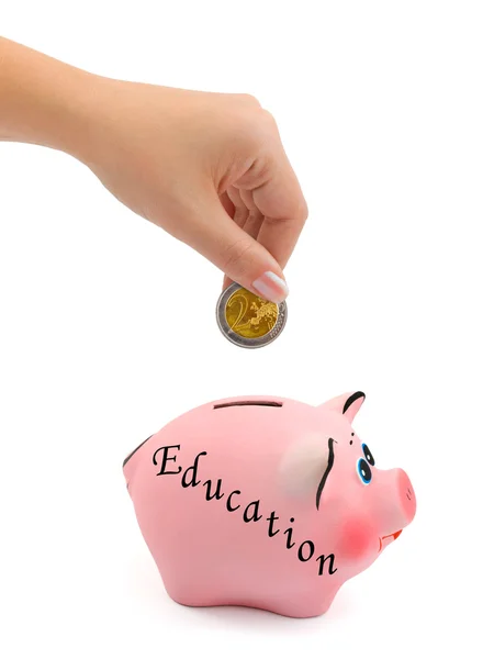 Hucha Educación y mano con moneda — Foto de Stock