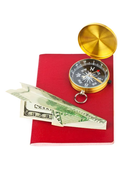 Passaporte, bússola e avião a dinheiro - conceito de viagem — Fotografia de Stock