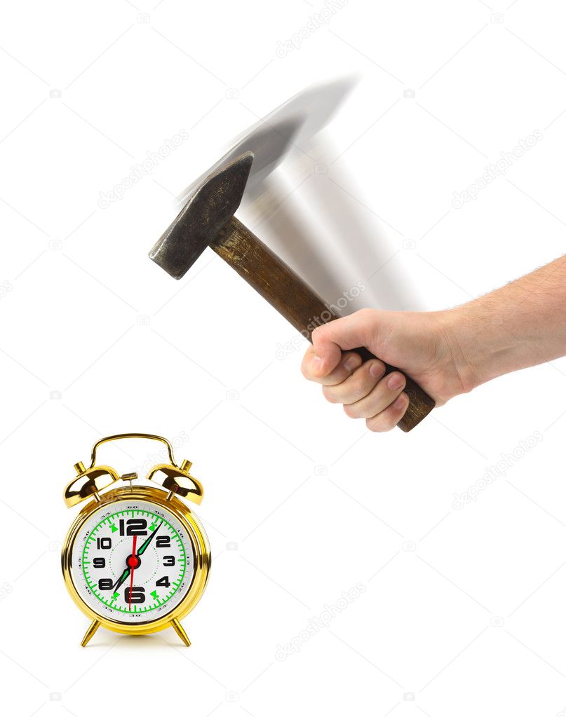 Hand with hammer and alarm clock