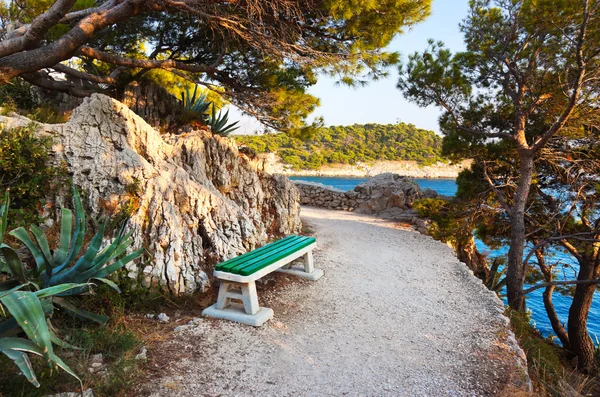 Pathway, bench and sea — Stock Photo, Image