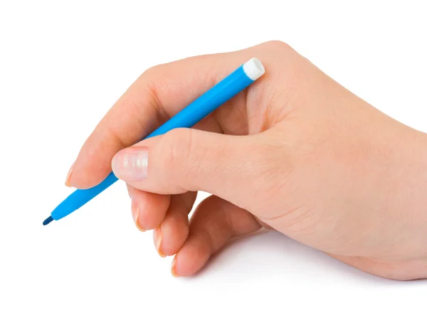 Hand mit blauem Stift — Stockfoto