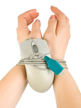 Hands bound by mouse cable clipart