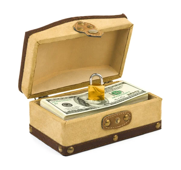 Гроші і замок у коробці — стокове фото