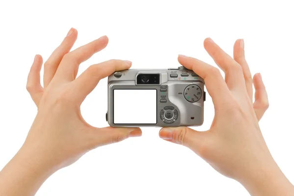 Fotocamera in handen — Stockfoto
