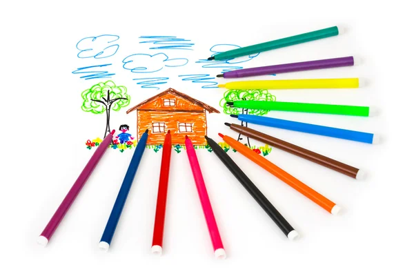 Child's drawing and pens — Stock Photo, Image