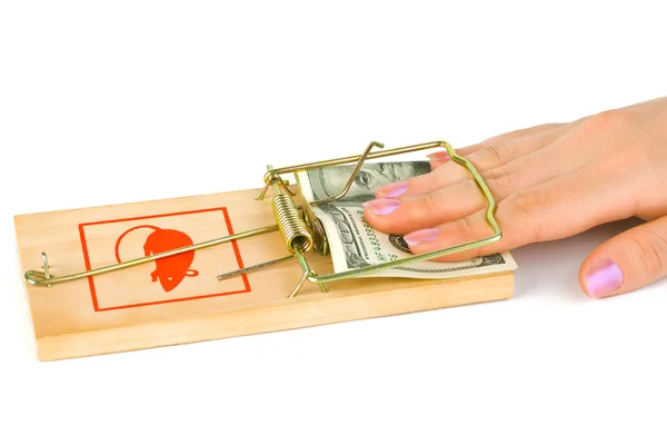 Hand and mousetrap with money — Stock Photo, Image