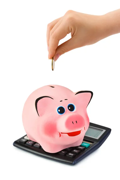 Kalkulator, piggy bank i strony z monet — Zdjęcie stockowe