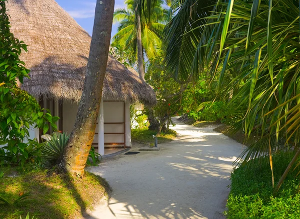 Bungalows on beach and sand pathway — ストック写真