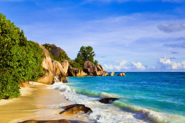 Tropical beach Source D'Argent at island La Digue, Seychelles clipart