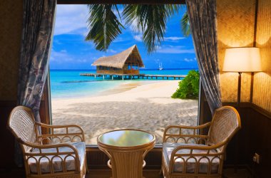 Hotel room and tropical landscape clipart