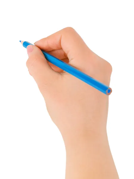 Синій олівець в руці — стокове фото