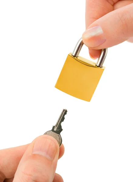 Man and woman hands with key and lock — Stock Photo, Image