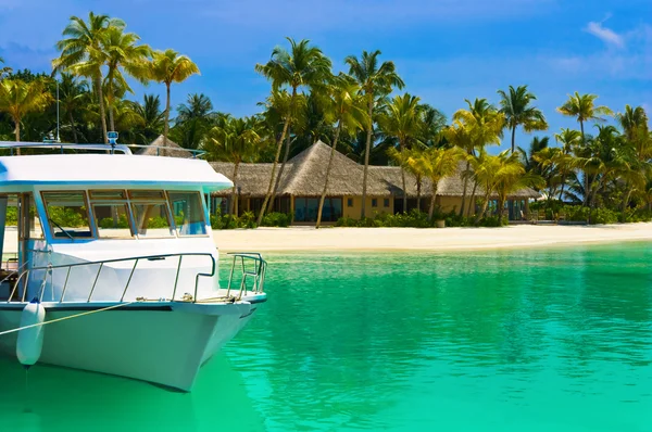 Barca ormeggiata sull'isola tropicale — Foto Stock