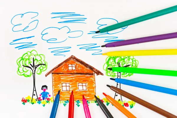 stock image Child's drawing and pens