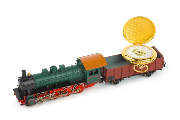 시계를 가진 장난감 기차 — 스톡 사진