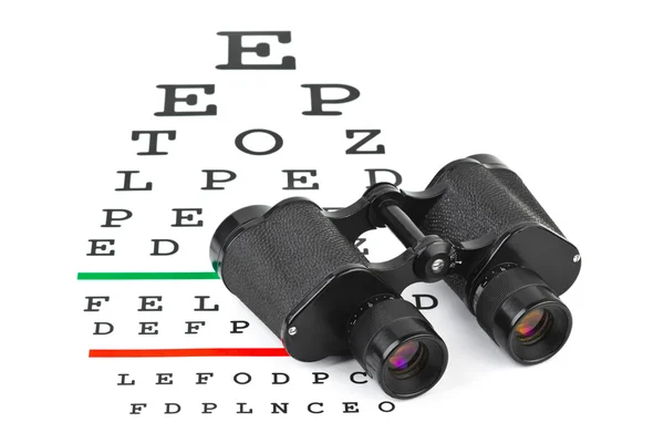 Binoculars on eyesight test chart — Stock Photo, Image