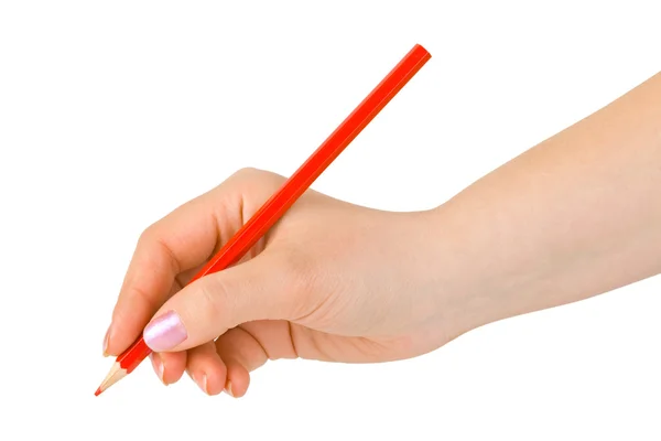 Červená tužka v ruce — Stock fotografie