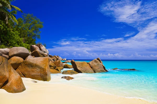 Tropikalnej plaży na wyspie praslin, Seszele — Zdjęcie stockowe