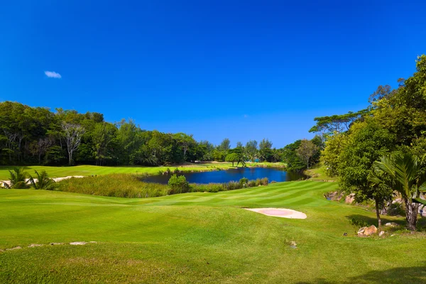 Pole golfowe na wyspie praslin, Seszele — Zdjęcie stockowe