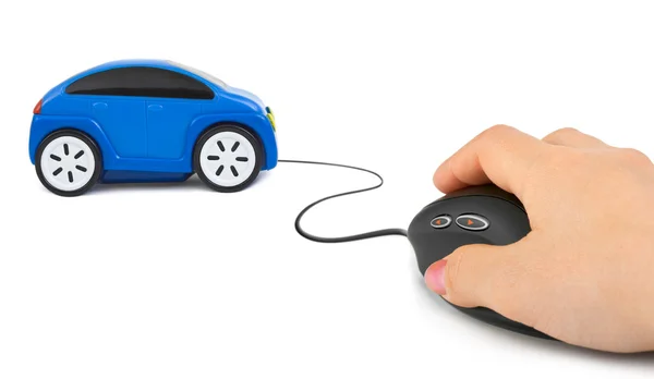 Ręka z myszy komputerowej i samochodu — Zdjęcie stockowe