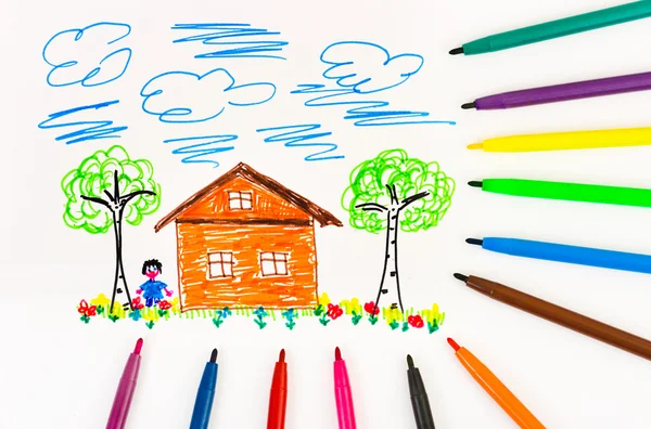 Child's drawing and pens — Stock Photo, Image