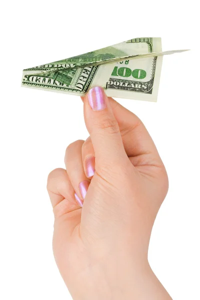 Hand and money plane — Stock Photo, Image