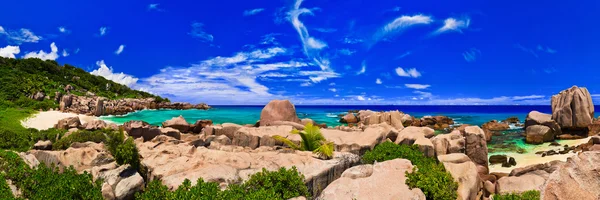 stock image Panorama of tropical beach at Seychelles