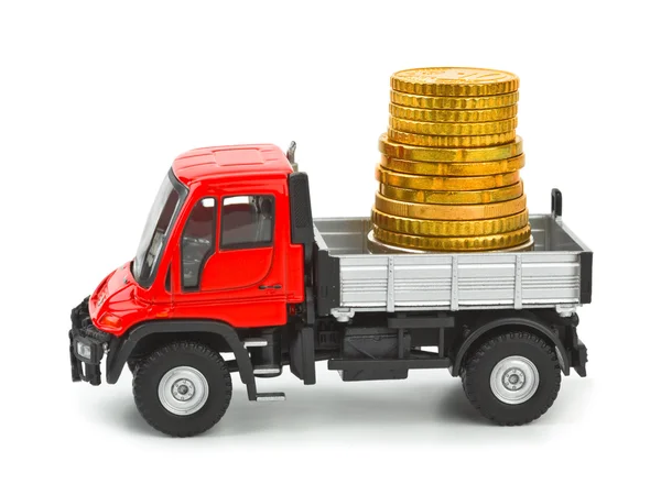 Játék teherautó pénzzel — Stock Fotó