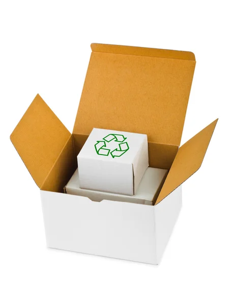 Boîte avec panneau de recyclage — Photo